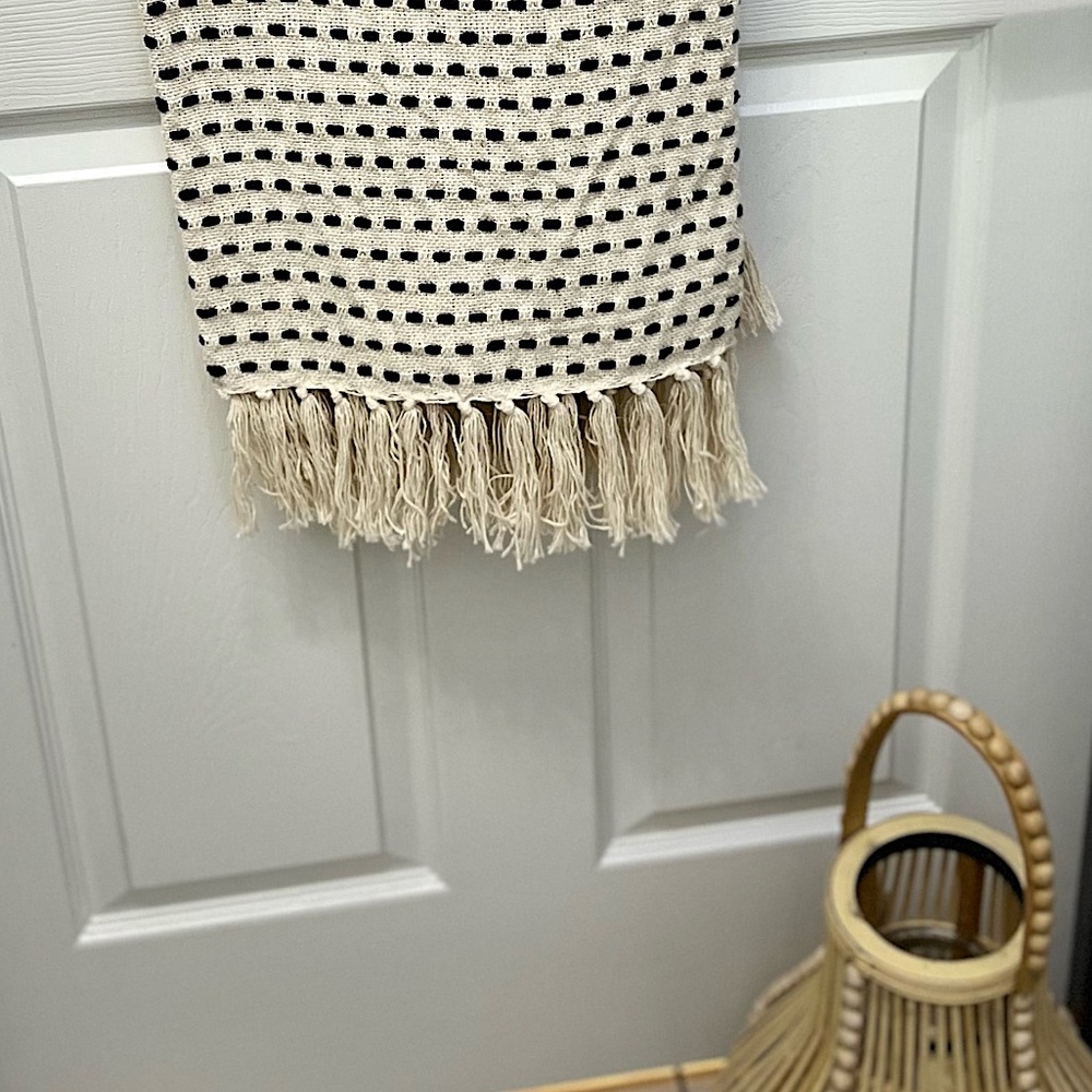 Boho throw! Navy and off white elegant fringed decorative accent.